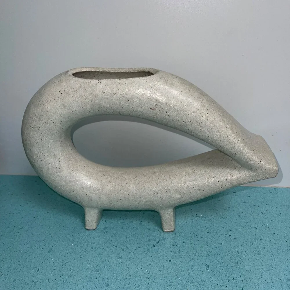 Mid Century Modern Vase Vessel One Opening Cream Stoneware Speckled